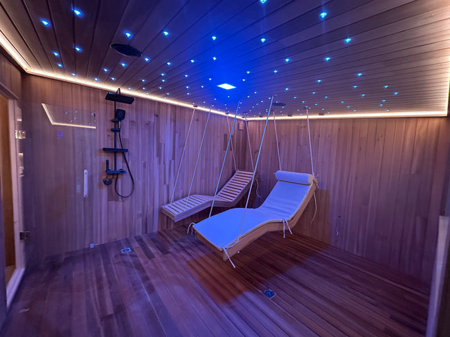 Large - sized sauna, suitable for 4 - 6 people, with bathroom facilities inside and a customized hanging chair. Main Image