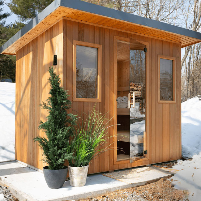 Affordable eco - friendly wooden outdoor square sauna for 4 people, made of red cedar Hover Image