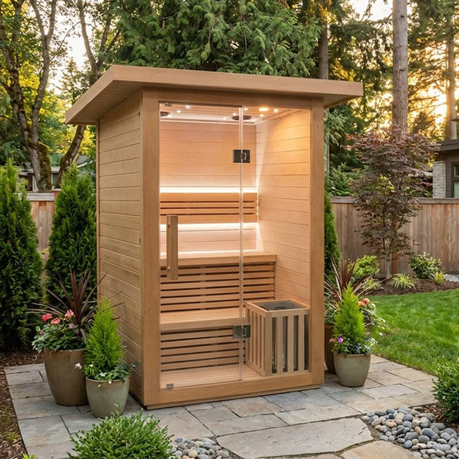 2 - person indoor far - infrared red cedar sauna. It operates at 220V, suitable for home use. It's like a small home cabin, ideal for promoting health at home or in the office. Hover Image