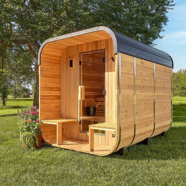 Traditional Canadian red cedar outdoor cube - shaped sauna room with solid - wood construction and wet - steam function Hover Image