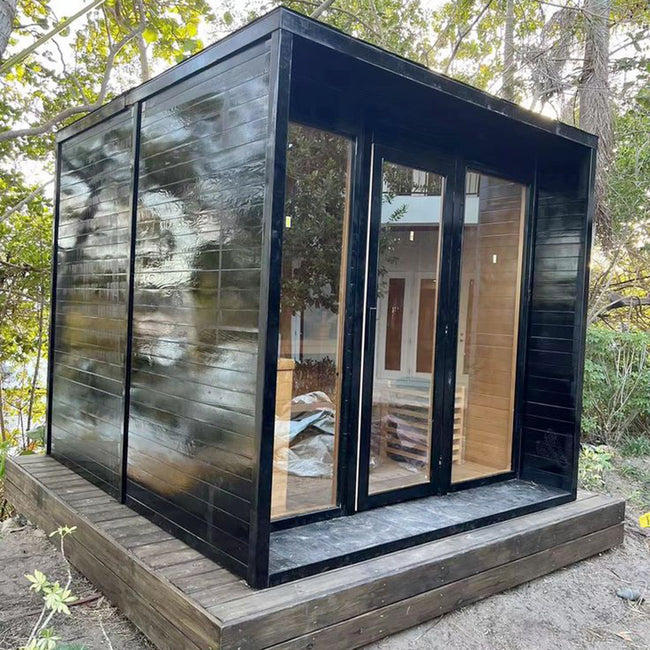 Luxurious modern - designed square - shaped steam sauna. It has a 6KW electric furnace, far - infrared dry steam, is for outdoor use, can accommodate 2 - 6 people, and uses solid wood as the heat source. Hover Image