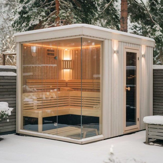 Affordable Solid - wood Outdoor Square - shaped Sauna for 4 - 6 People. It features a modern - designed sauna room with modern energy - saving functions. Hover Image