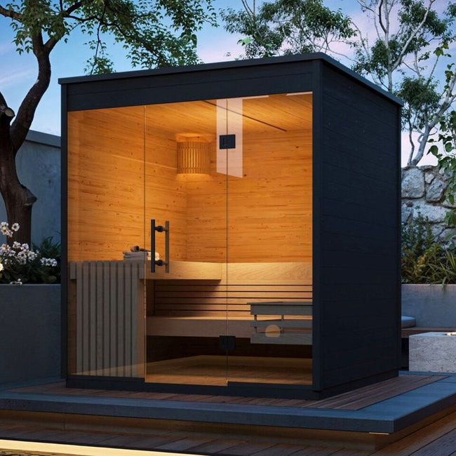The best - selling electric outdoor square - shaped steam sauna in the garden, made of redwood solid wood, with a computer control panel Hover Image