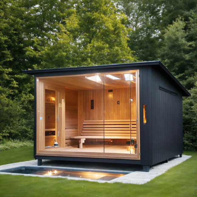 Luxurious panoramic - glass square - shaped indoor sauna, equipped with modern steam heating and adjustable seats with a wood - burning stove Main Image