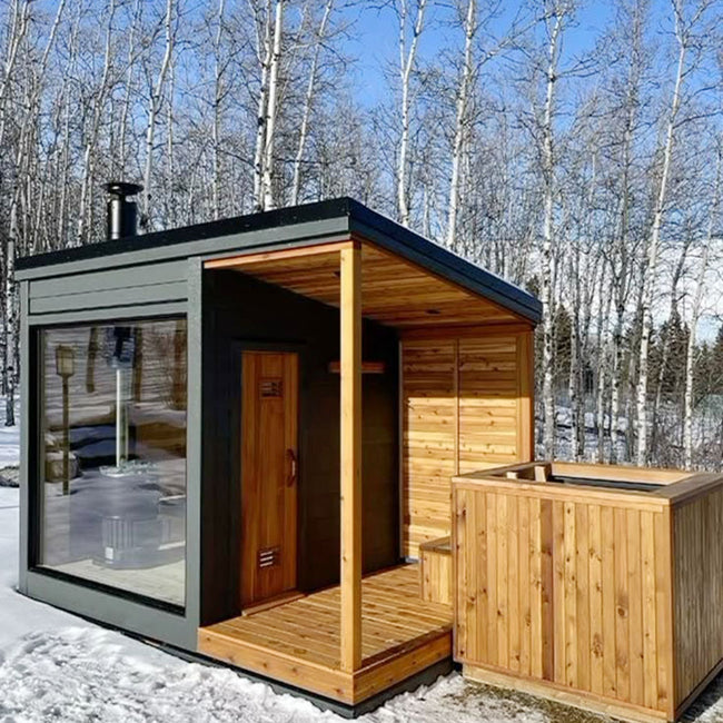 Cedar outdoor luxury bathroom shower room with a sauna combination, including a shower and a sauna room. It is equipped with an electric furnace and can be customized. Hover Image