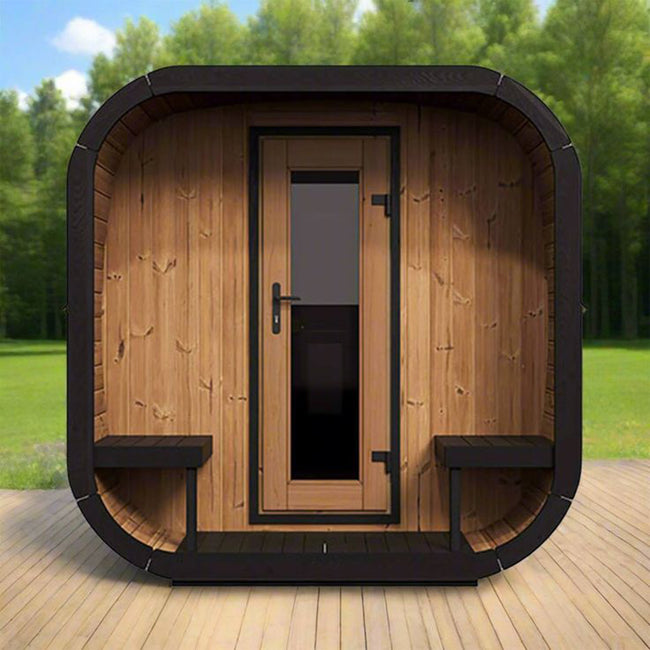Factory - price customization of a modern outdoor dry - steam sauna for 4 people. It features a square - cube design and is made of red cedar, spruce, or hemlock with an electric heating system. Hover Image
