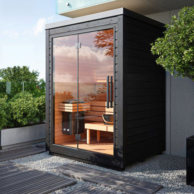 Custom - made modern panoramic indoor sauna room. It can accommodate 2 - 4 people, features a solid - wood structure, is equipped with an electric furnace and colored lights, and is suitable for villas. Hover Image