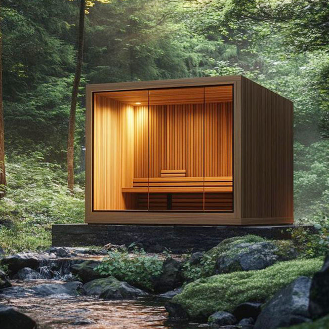 A modern - designed outdoor cube - shaped wooden sauna with a dry - steam function. It comes with an electric furnace and can accommodate four people. Hover Image