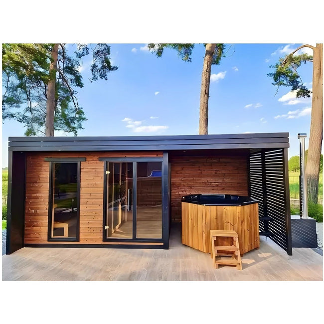 Custom - size high - quality cedar sauna room with red cedar glass windows. It features a modern design and has a large - sized bathtub space outdoors. Hover Image