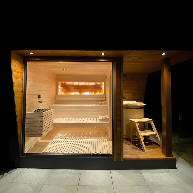 Custom - made Outdoor Saunas with Bathroom and Toilet for Modern Resorts and Villas. Our factory offers outdoor saunas that can be customized according to your samples, and we also provide wholesale services. Hover Image
