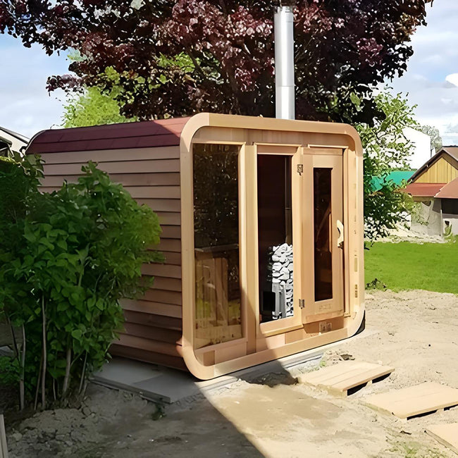 Brand - new design! A modern square - shaped outdoor cube - structured sauna with an electric furnace and steam function for 4 - 8 people. Made of red cedar solid wood, equipped with a computer control panel, and customizable. Hover Image