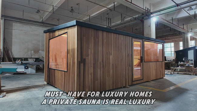 Large - sized sauna, suitable for 4 - 6 people, with bathroom facilities inside and a customized hanging chair. Hover Image