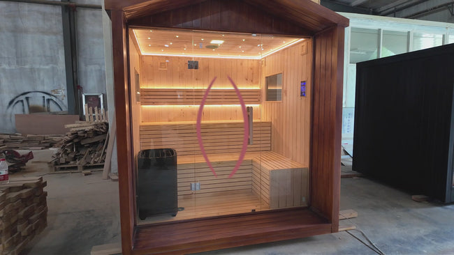 Modern sauna. A luxurious outdoor spire - topped cedar sauna suitable for 1 - 4 people. It can be customized according to your needs. With a large - capacity space, it meets the leisure needs of the whole family. Hover Image