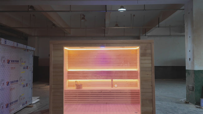 Traditional 2 - 4 - person outdoor sauna room with a 6kW electric furnace, made of red cedar in a square shape Hover Image