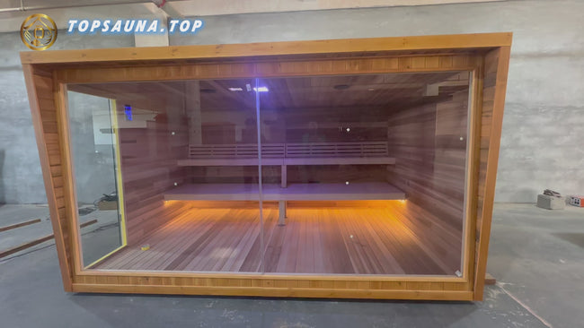 Factory - price customization of an outdoor dry - steam sauna for 4 people. It has a square - cube design, is made of redwood or hemlock, and is heated by a stove. Hover Image