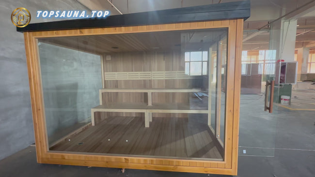 Luxurious panoramic - glass square - shaped indoor sauna, equipped with modern steam heating and adjustable seats with a wood - burning stove Hover Image