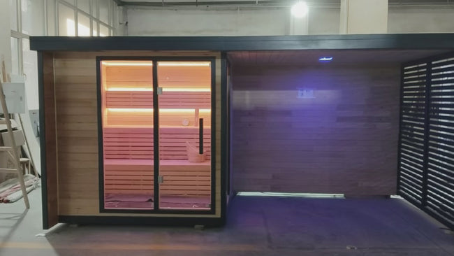 Solid - wood large - scale traditional outdoor sauna, with grilles. It can accommodate a bathtub and is customizable. Hover Image