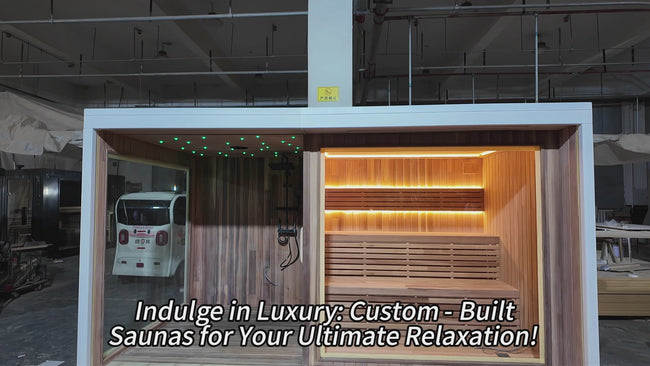 Custom - made outdoor sauna with a bathroom, suitable for 2 - 5 people. It's a traditional sauna equipped with speakers and controlled by a control panel. Hover Image