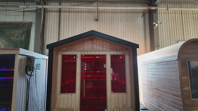 Exquisite outdoor sauna made of Canadian hemlock with a pitched roof. It features variable ambient lights, making it suitable for physical and mental relaxation. Hover Image