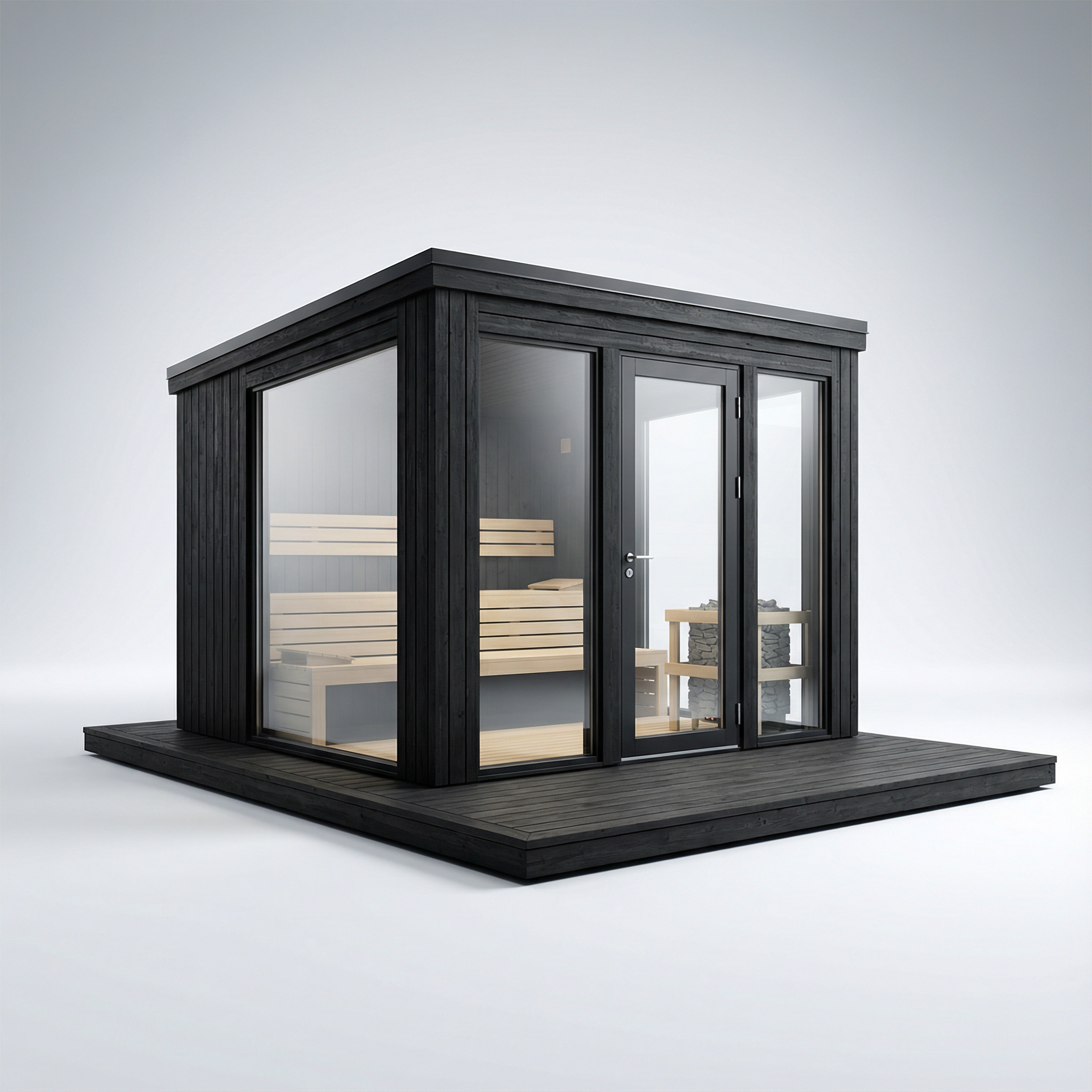 Sleek black timber exterior with elegant glass facade and premium interior.